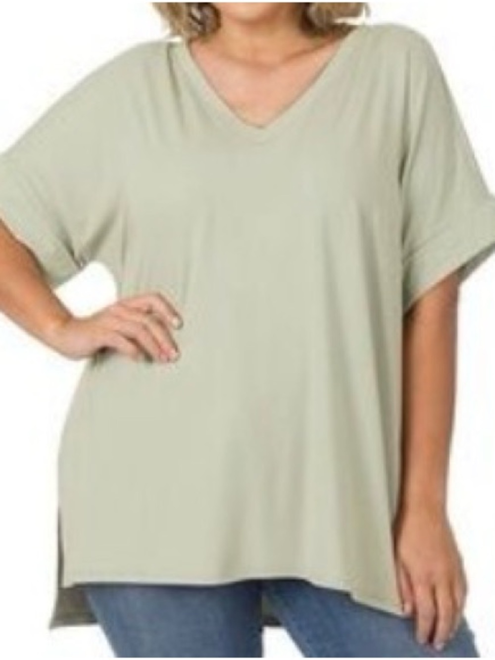ZENANA ROLLED SLEEVE SIDE SLIT HI-LOW HEM TOP